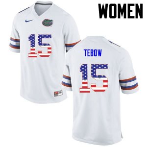 Women's Florida Gators #15 Tim Tebow NCAA Nike White USA Flag Fashion Authentic Stitched College Football Jersey AEX4762SZ